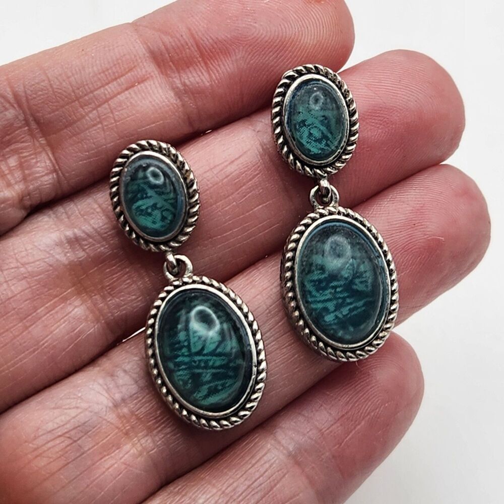 Napier Blue Green Black Oval Double Cabochon Rope Edge & Etched Side Earrings